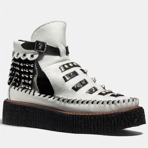 Coach Roccasin Cut Out Platform Fringe White & Black Stud Studded Boot 5.5